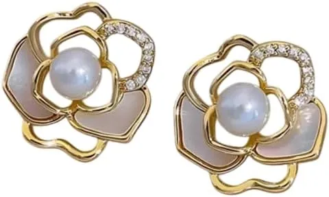 Pearl earrings for women Hollowed Out Gold Color Magnolia Pearl Shell Earrings 2025 Jewelry Party Luxury Accessories Women's Exquisite Gifts-T53