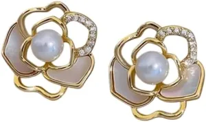 Pearl earrings for women Hollowed Out Gold Color Magnolia Pearl Shell Earrings 2025 Jewelry Party Luxury Accessories Women's Exquisite Gifts-T53