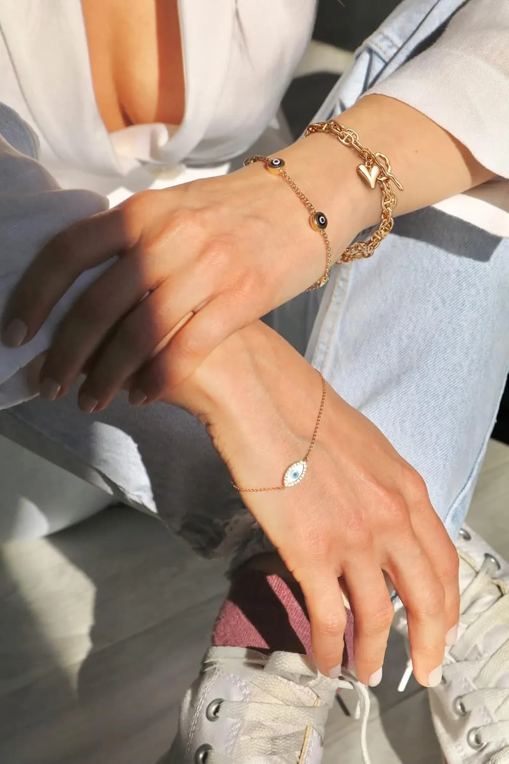 PEARLADA 18k Gold Chain Layerd Bracelet Coin Charm Toggle Bracelet Trendy Cubic Zirconia Jewelry