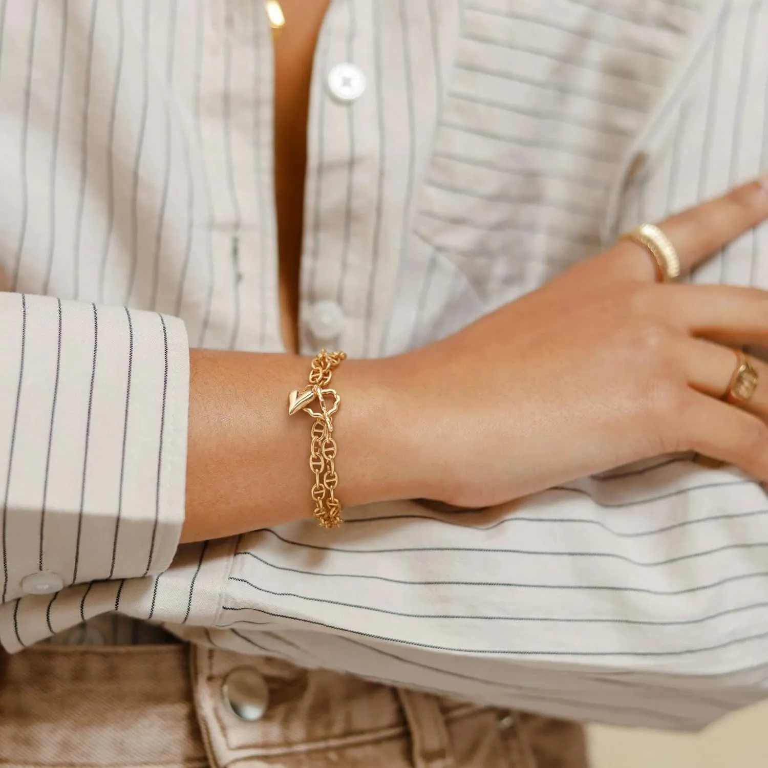PEARLADA 18k Gold Chain Layerd Bracelet Coin Charm Toggle Bracelet Trendy Cubic Zirconia Jewelry