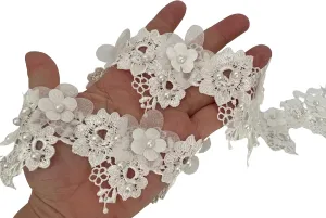 PEPPERLONELY 1 Yard White Pearl Rose Flower Embroidered Lace Trim Ribbon Wedding Applique DIY Sew On Supplies Craft Decoration 2 Inch Width, White
