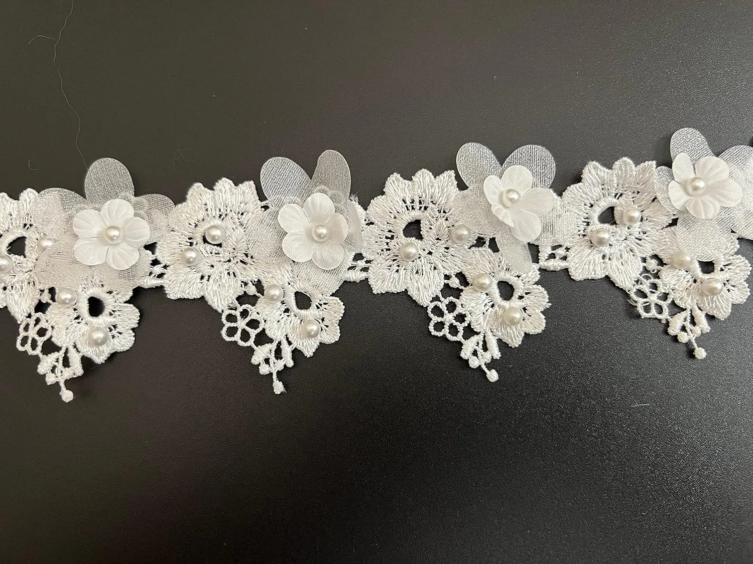 PEPPERLONELY 1 Yard White Pearl Rose Flower Embroidered Lace Trim Ribbon Wedding Applique DIY Sew On Supplies Craft Decoration 2 Inch Width, White