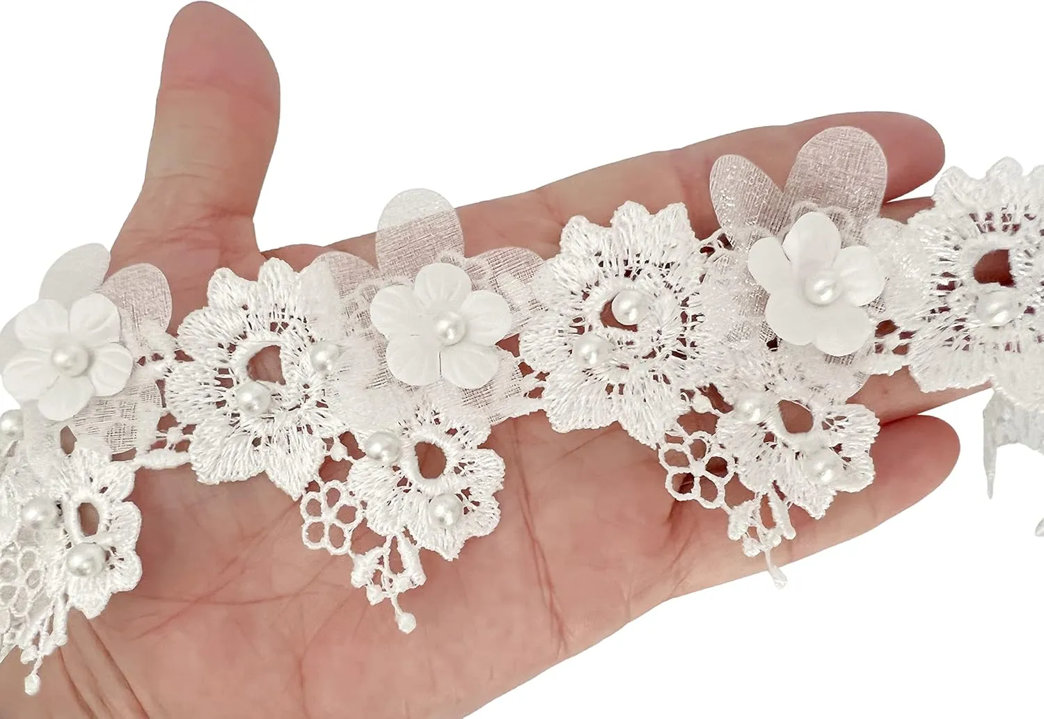 PEPPERLONELY 1 Yard White Pearl Rose Flower Embroidered Lace Trim Ribbon Wedding Applique DIY Sew On Supplies Craft Decoration 2 Inch Width, White