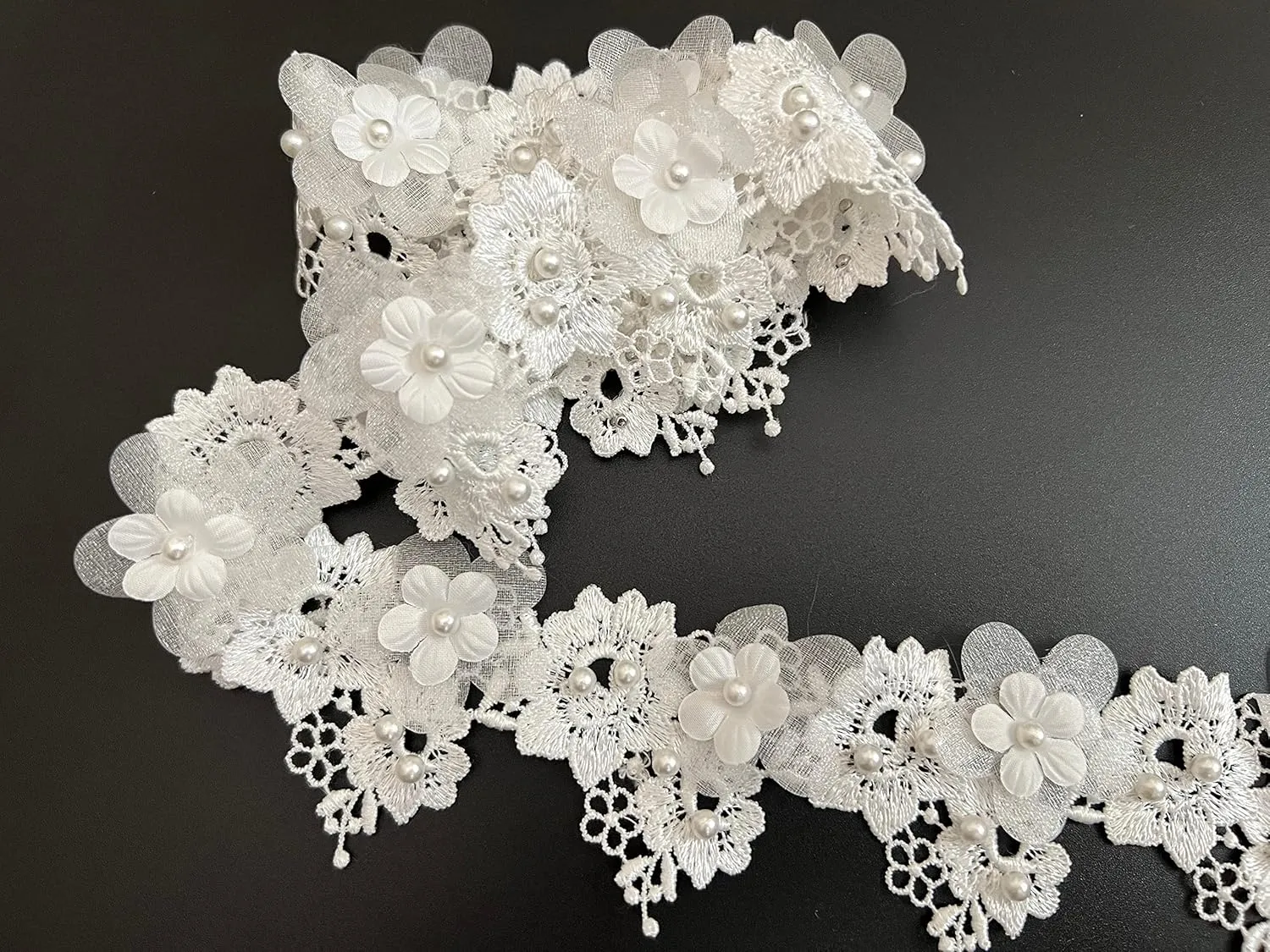 PEPPERLONELY 1 Yard White Pearl Rose Flower Embroidered Lace Trim Ribbon Wedding Applique DIY Sew On Supplies Craft Decoration 2 Inch Width, White