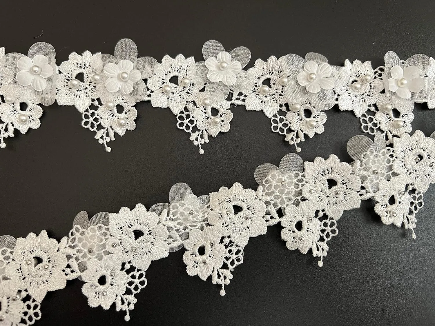 PEPPERLONELY 1 Yard White Pearl Rose Flower Embroidered Lace Trim Ribbon Wedding Applique DIY Sew On Supplies Craft Decoration 2 Inch Width, White