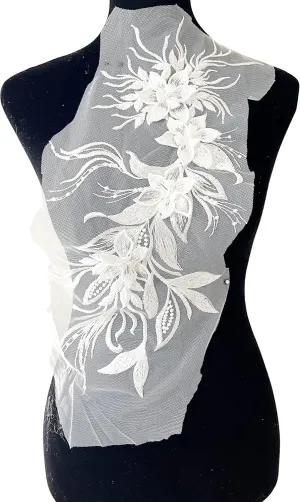 PEPPERLONELY 1pc 3D Lace Tassel Flower Sew on Embroidered Lace Applique Wedding Dress Bride's Gown Headdress Adornment DIY Patch Clothing Accessories, 7.85 x 16 Inches, White
