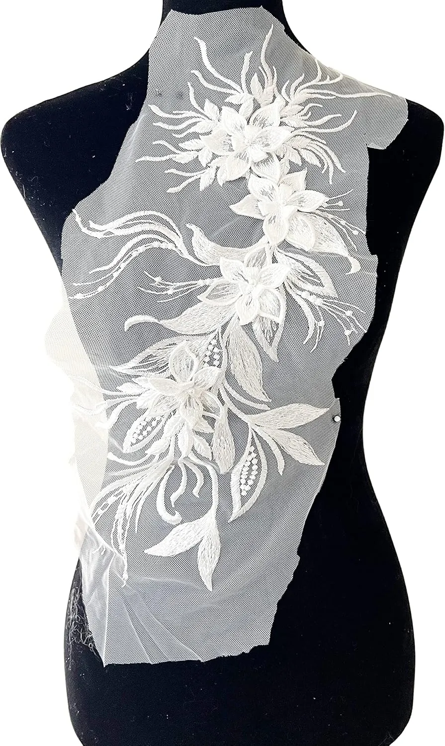 PEPPERLONELY 1pc 3D Lace Tassel Flower Sew on Embroidered Lace Applique Wedding Dress Bride's Gown Headdress Adornment DIY Patch Clothing Accessories, 7.85 x 16 Inches, White