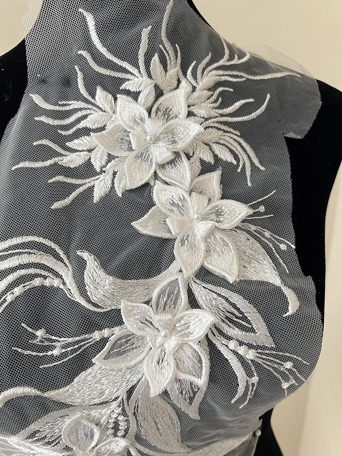 PEPPERLONELY 1pc 3D Lace Tassel Flower Sew on Embroidered Lace Applique Wedding Dress Bride's Gown Headdress Adornment DIY Patch Clothing Accessories, 7.85 x 16 Inches, White
