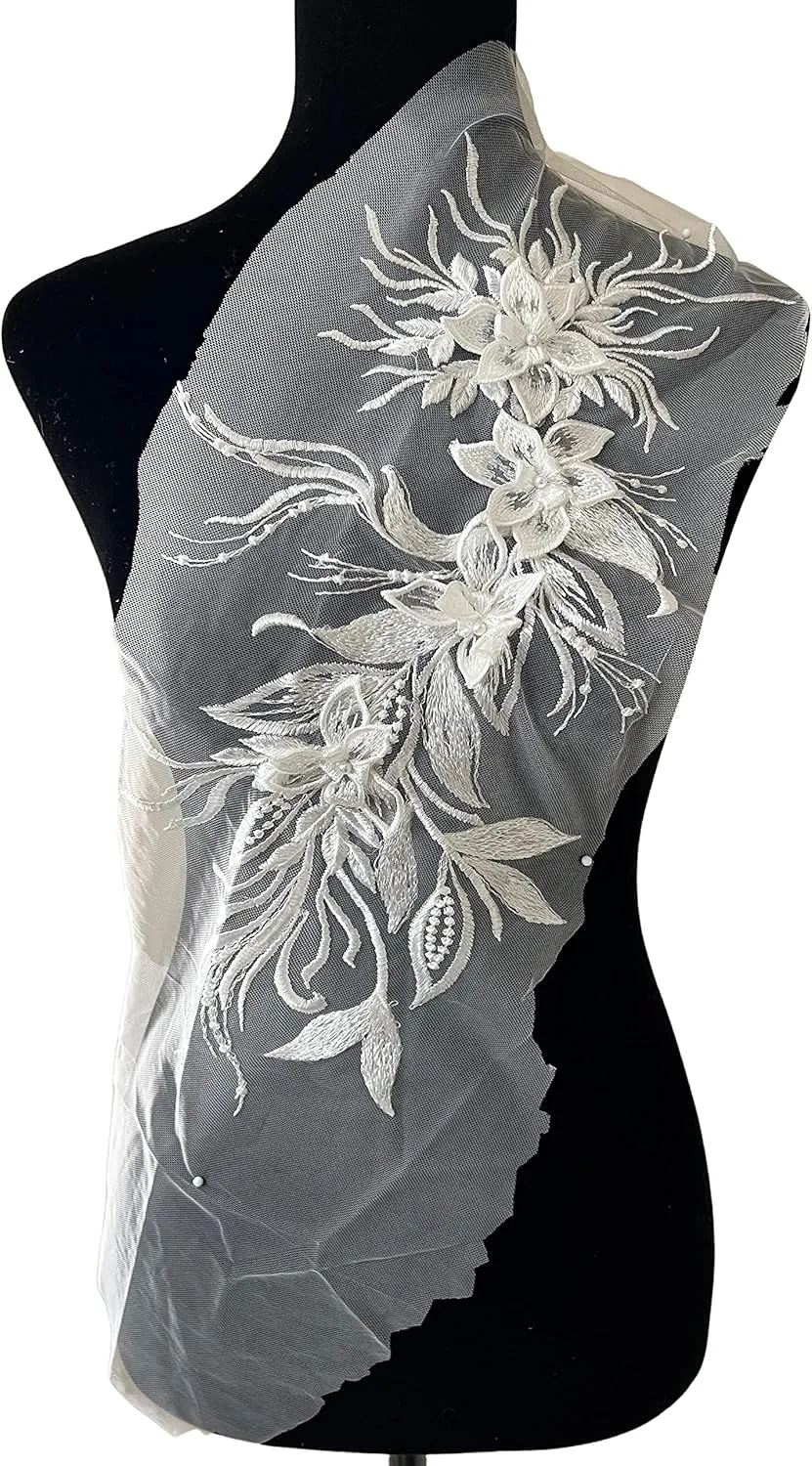 PEPPERLONELY 1pc 3D Lace Tassel Flower Sew on Embroidered Lace Applique Wedding Dress Bride's Gown Headdress Adornment DIY Patch Clothing Accessories, 7.85 x 16 Inches, White
