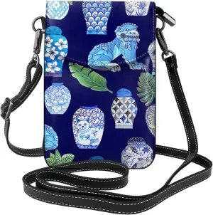 Peynir Chinoiserie Ginger Jars Foo Dogs Cell Phone Purse Multi-Purpose Leather Shoulder Bag For Women