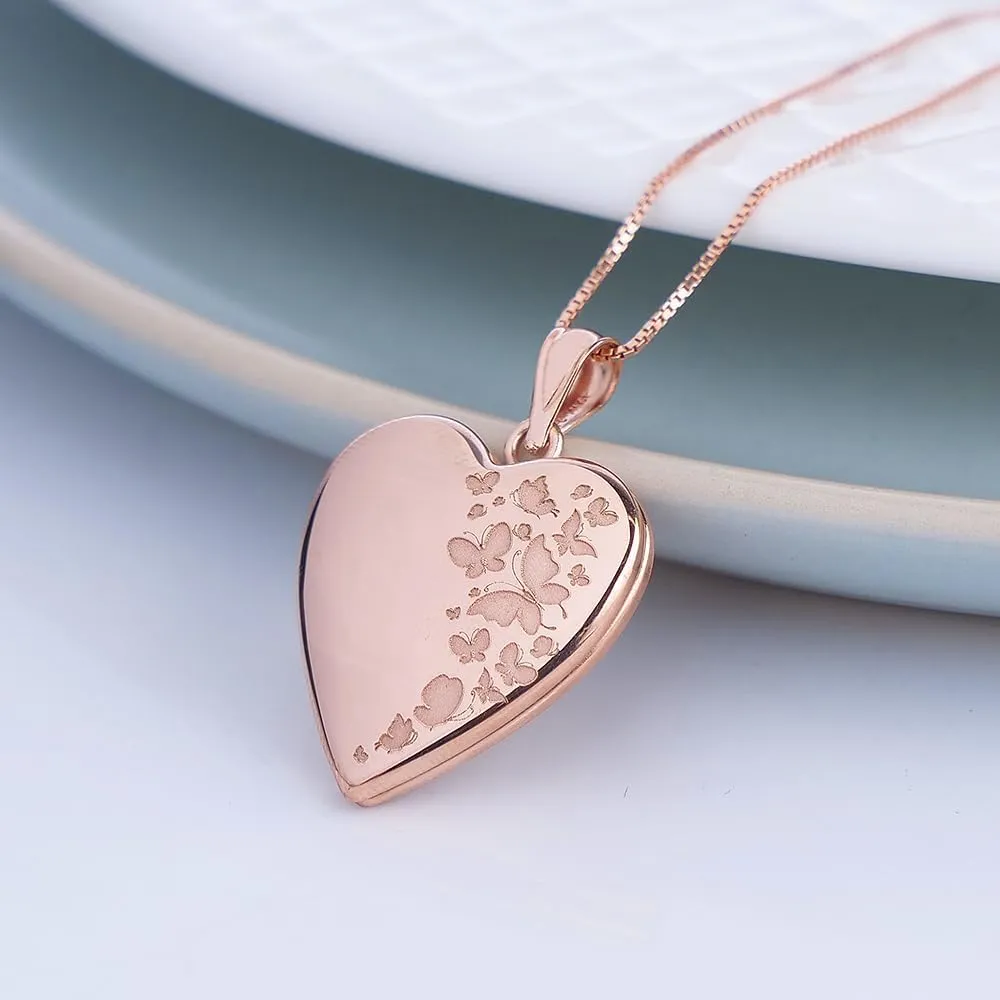 PicturesOnGold.com Personalized Heart Shaped Butterflies Photo Locket Necklace - 3/4 inch x 3/4 inch - Includes 18 inch Chain - Custom Engraved Picture Locket Necklace for Women