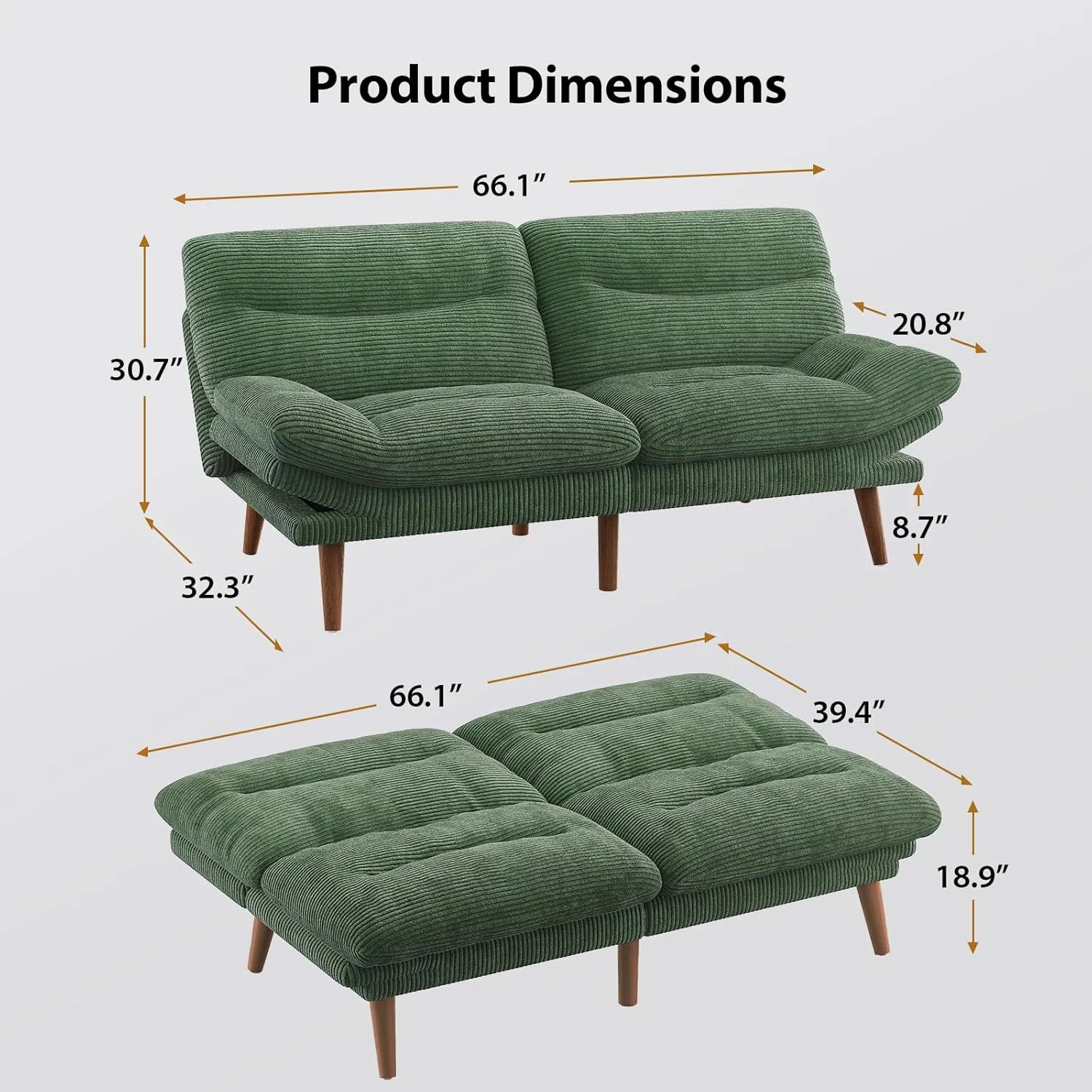 Pipishell Convertible Futon Sofa Bed,66" Corduroy Futon Couch with Adjustable Backrest and Armrests, Recliner Sleeper Sofa for Small Spaces, Play Room or Office, Green