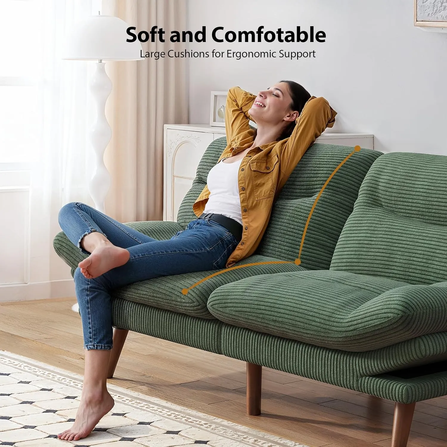 Pipishell Convertible Futon Sofa Bed,66" Corduroy Futon Couch with Adjustable Backrest and Armrests, Recliner Sleeper Sofa for Small Spaces, Play Room or Office, Green