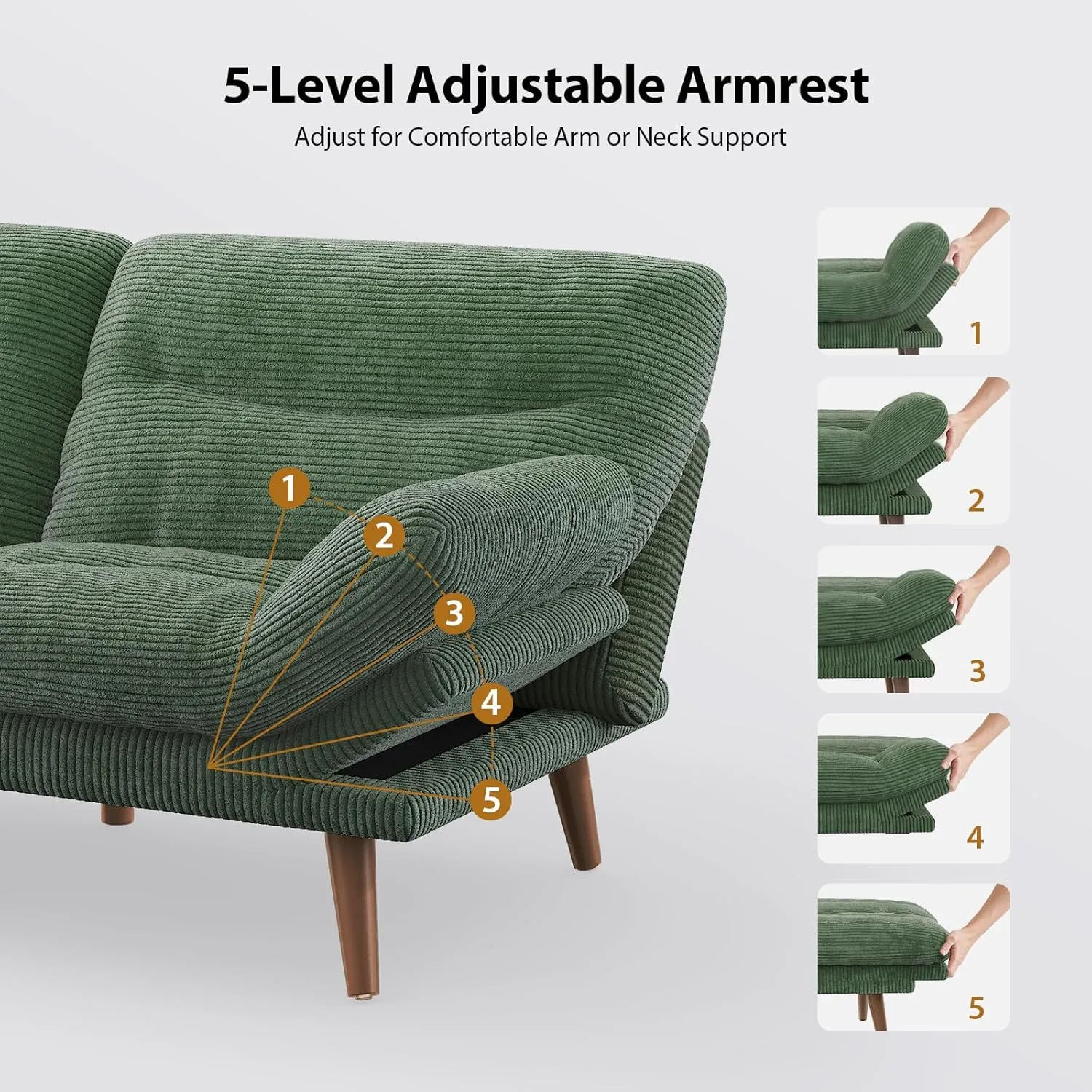 Pipishell Convertible Futon Sofa Bed,66" Corduroy Futon Couch with Adjustable Backrest and Armrests, Recliner Sleeper Sofa for Small Spaces, Play Room or Office, Green