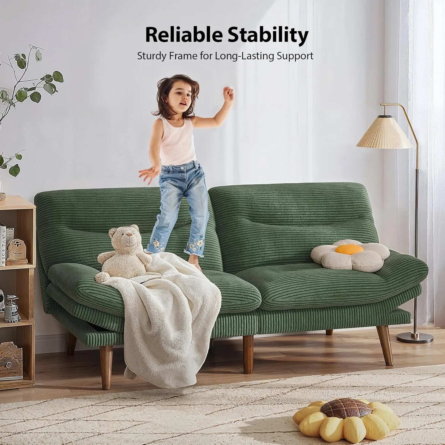 Pipishell Convertible Futon Sofa Bed,66" Corduroy Futon Couch with Adjustable Backrest and Armrests, Recliner Sleeper Sofa for Small Spaces, Play Room or Office, Green