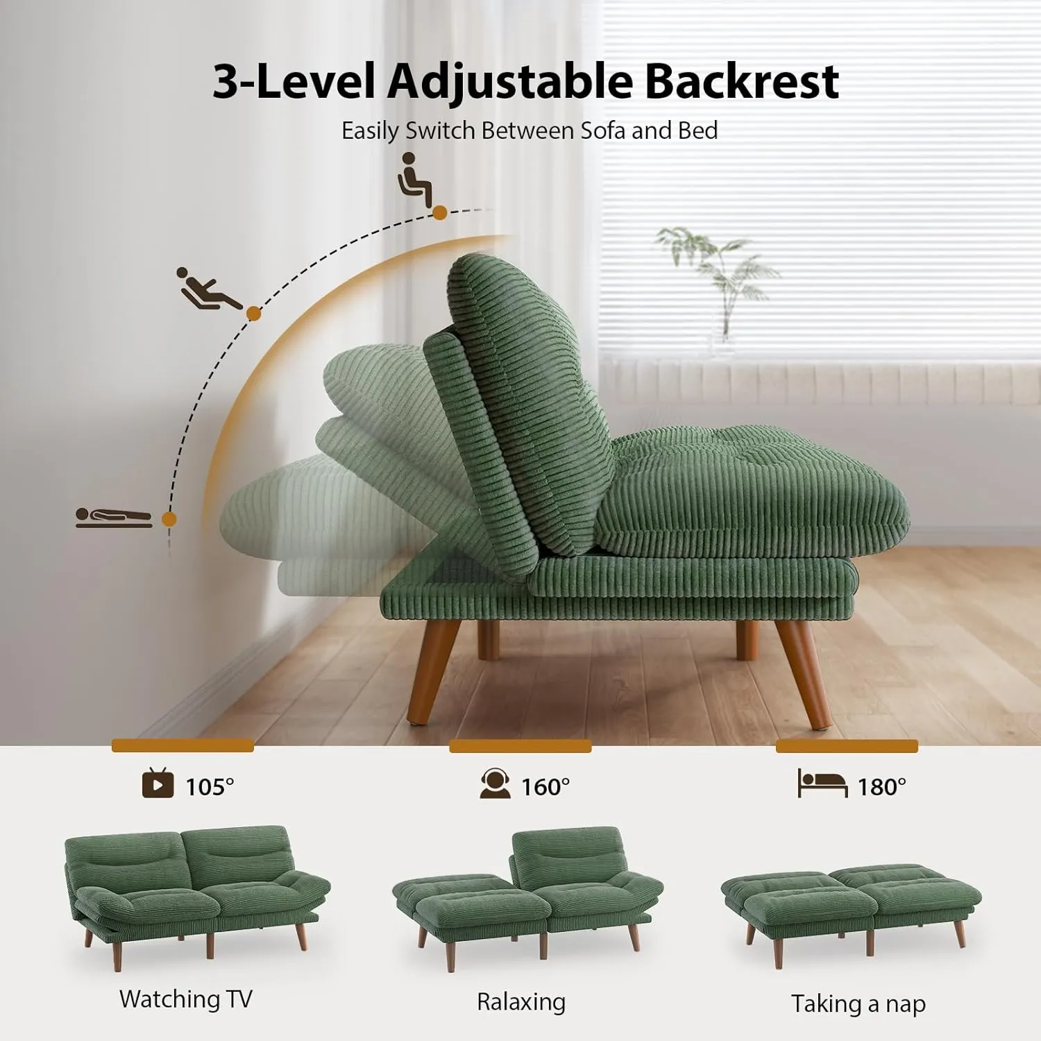 Pipishell Convertible Futon Sofa Bed,66" Corduroy Futon Couch with Adjustable Backrest and Armrests, Recliner Sleeper Sofa for Small Spaces, Play Room or Office, Green