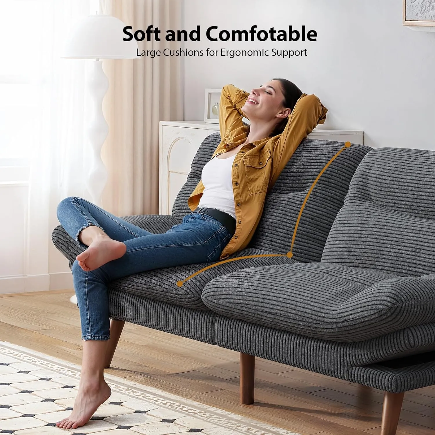 Pipishell Convertible Futon Sofa Bed,66" Corduroy Futon Couch with Adjustable Backrest and Armrests, Recliner Sleeper Sofa for Small Spaces, Play Room or Office, Grey