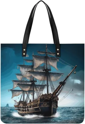 Pirate Ship Leather Handbags Crossbody Bags for Women Trendy Vegan Purses Shoulder Handbags with Wide Shoulder Strap And Zipper