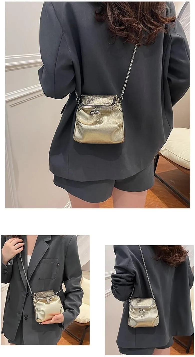 Pleated Shoulder Chain Crossbody bag, Clip Buckle Small Square Bag,shoulder bag (Gold)