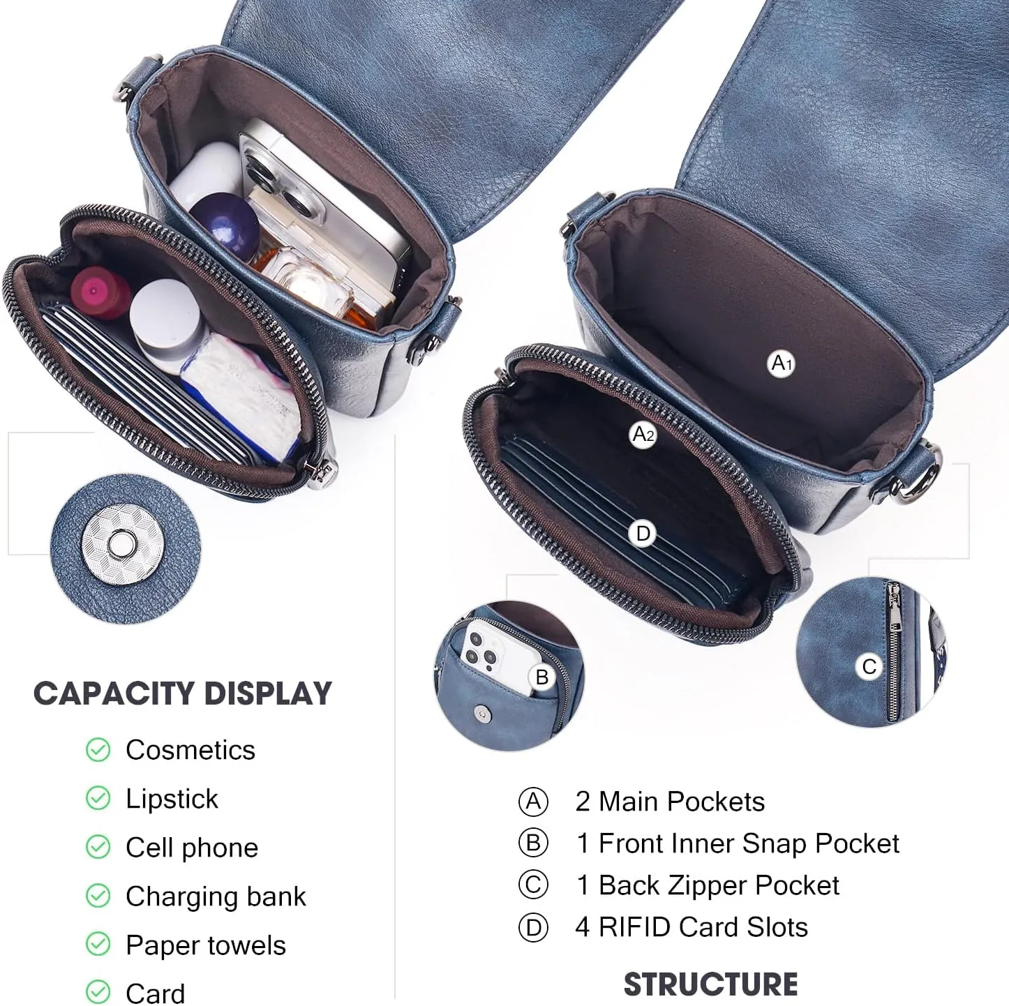 POIUGOYA Small Crossbody Bags for Women Trendy,Leather Triple Compartment Cell Phone Crossbody Wallet Purses with Card Slots