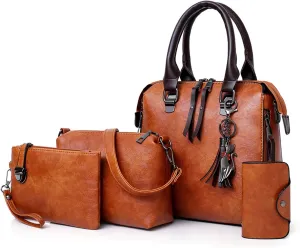 PORRASSO Women Handbag Purse 4Pcs Vintage Shoulder Bag PU Leather Crossbody Clutch Bag for School Work Travel Brown