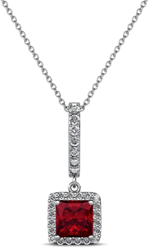 Princess Cut Ruby & Diamond Halo Pendant Necklace 0.61 ctw 14K White Gold with 18" Chain