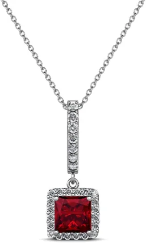 Princess Cut Ruby & Diamond Halo Pendant Necklace 0.61 ctw 14K White Gold with 18" Chain
