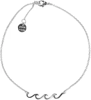 Pura Vida Silver or Gold or Rose Gold Plated Delicate Wave Anklet - Branded Charm, Adjustable Band - Cable Chain