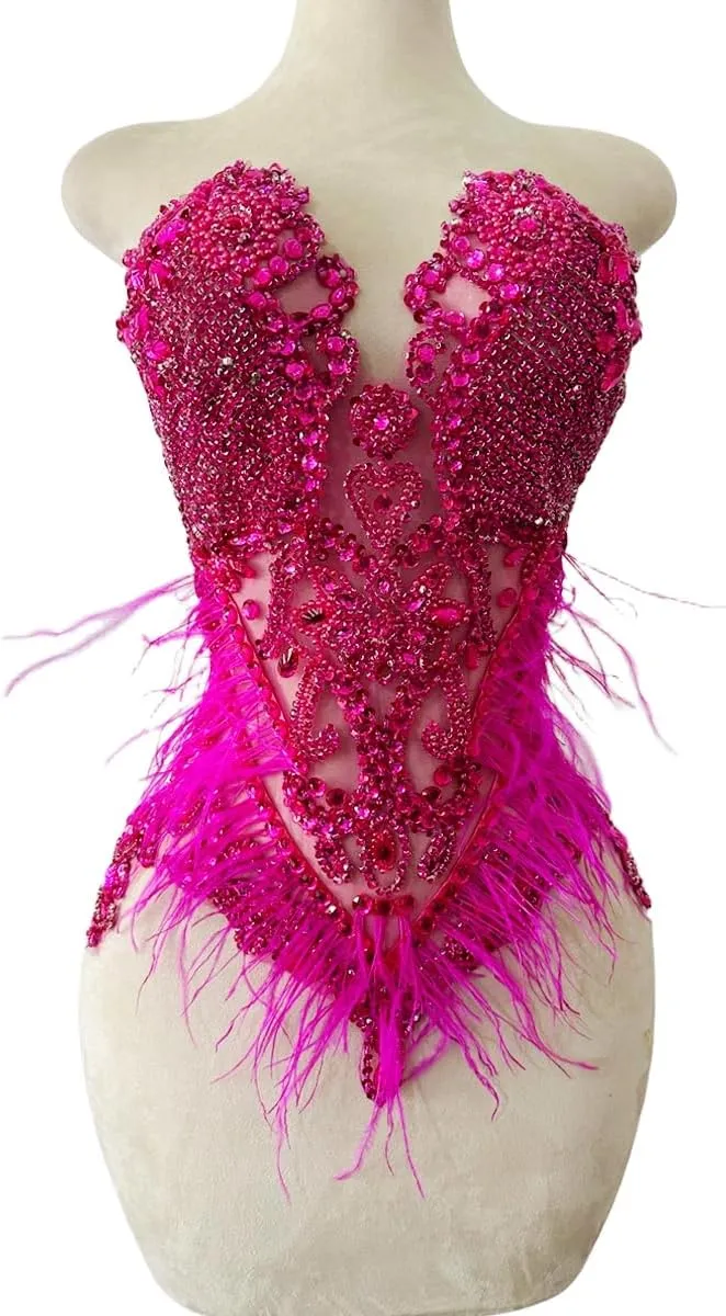 Pure Handmade Bodice lace Rhinestones Applique Sewing Stones Beads Crystal Trimming Patches Accessories for Wedding Dress Ostrich Feather Decorations 13.7X22inches 1pcs/Bag (Rose red)