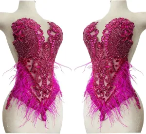 Pure Handmade Bodice lace Rhinestones Applique Sewing Stones Beads Crystal Trimming Patches Accessories for Wedding Dress Ostrich Feather Decorations 13.7X22inches 1pcs/Bag (Rose red)