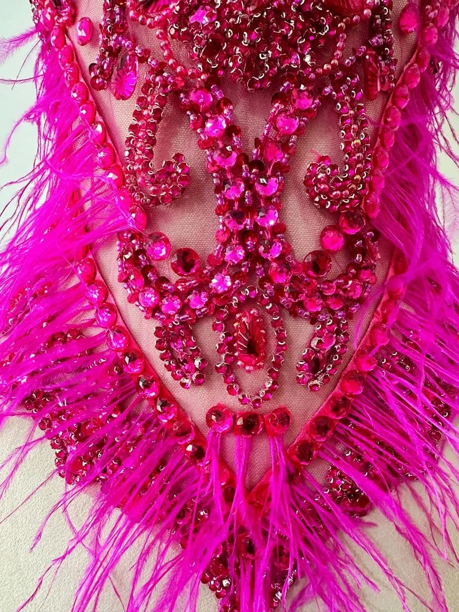 Pure Handmade Bodice lace Rhinestones Applique Sewing Stones Beads Crystal Trimming Patches Accessories for Wedding Dress Ostrich Feather Decorations 13.7X22inches 1pcs/Bag (Rose red)