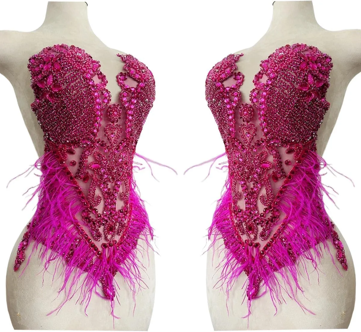 Pure Handmade Bodice lace Rhinestones Applique Sewing Stones Beads Crystal Trimming Patches Accessories for Wedding Dress Ostrich Feather Decorations 13.7X22inches 1pcs/Bag (Rose red)