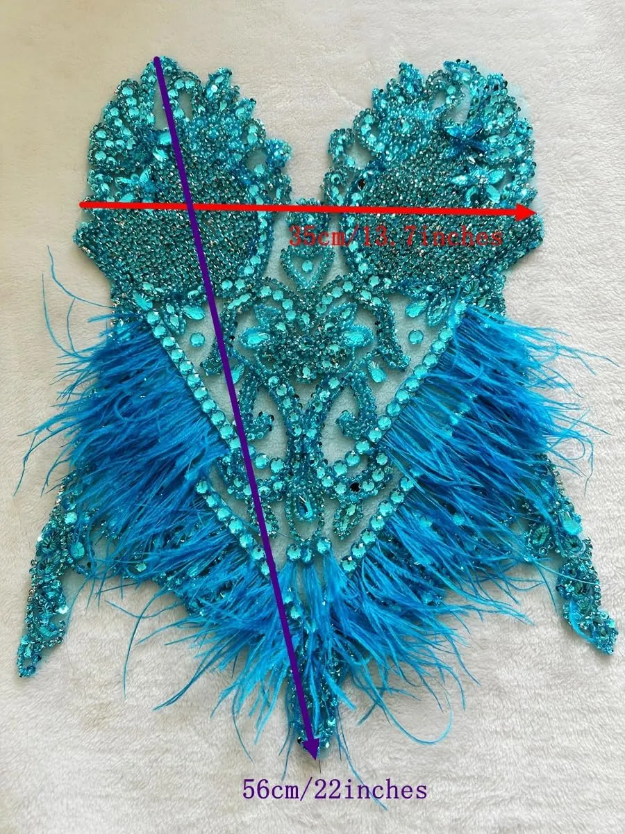 Pure Handmade Bodice lace Rhinestones Applique Sewing Stones Beads Crystal Trimming Patches Accessories for Wedding Dress Ostrich Feather Decorations 13.7X22inches 1pcs/Bag (Rose red)