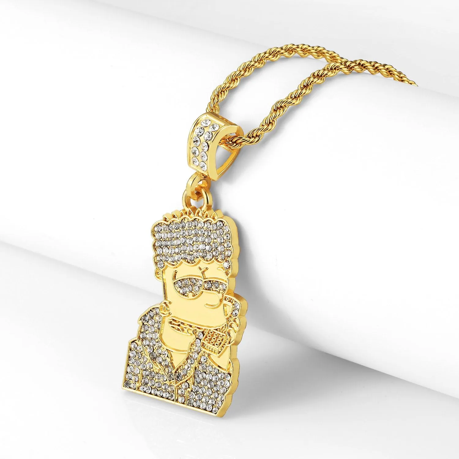 putouzip Bart Chain Necklace 18K Gold Plated Fully Iced Out Zircon Stainless Steel Pendant For Men