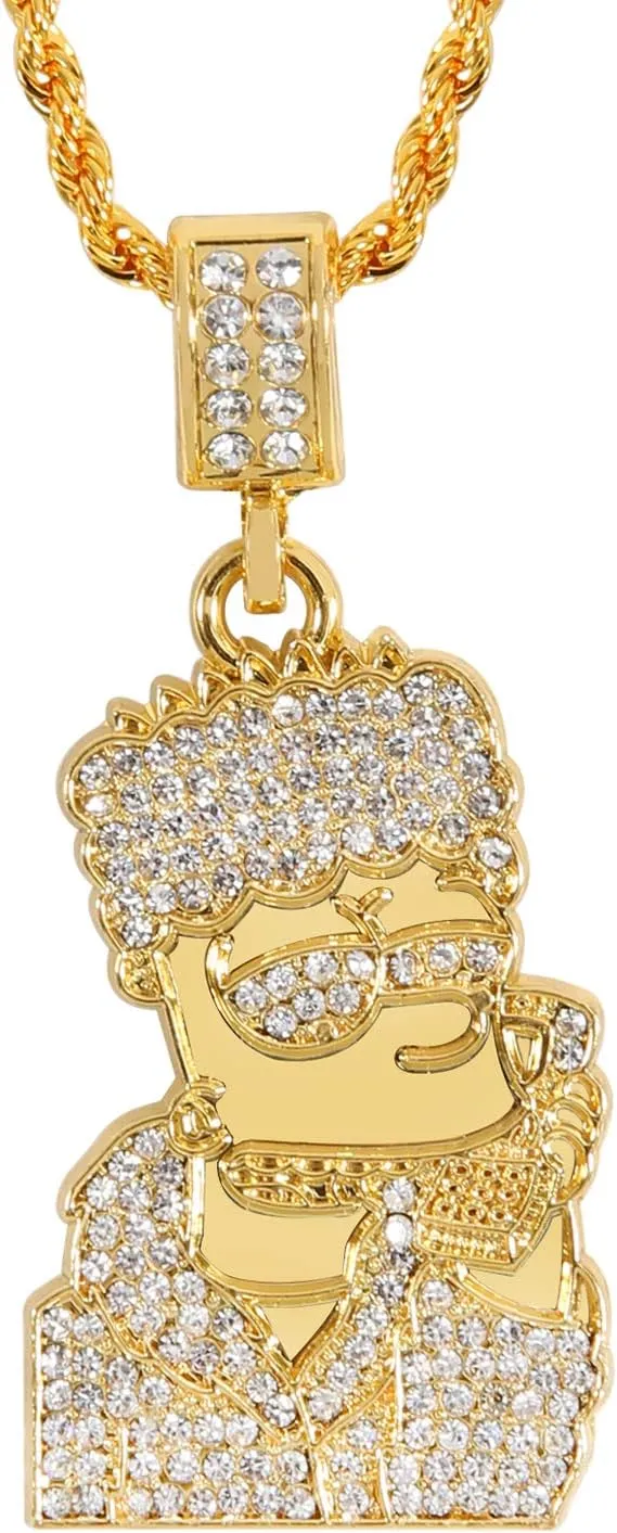 putouzip Bart Chain Necklace 18K Gold Plated Fully Iced Out Zircon Stainless Steel Pendant For Men