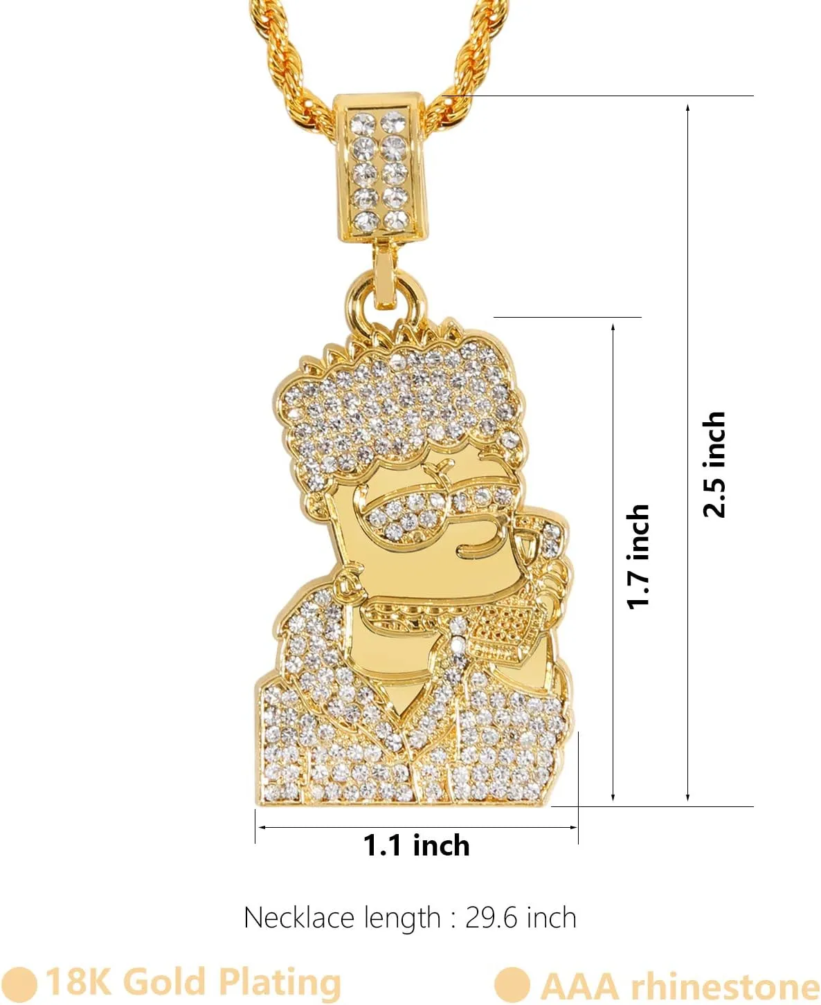 putouzip Bart Chain Necklace 18K Gold Plated Fully Iced Out Zircon Stainless Steel Pendant For Men