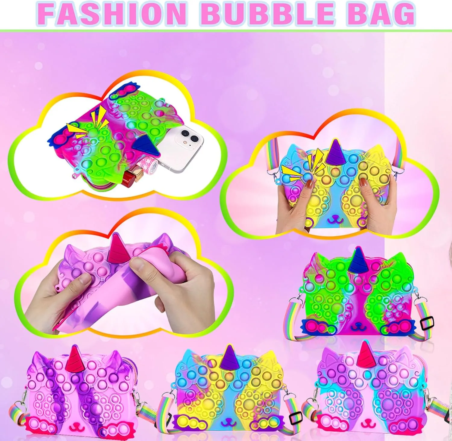 QUANA Sparkle Unicorn Crossbody Bag for Girls 3-10 Years Old - Lightweight Adjustable Purse, Birthday Party & Holiday Gift with Child-Safe Zipper