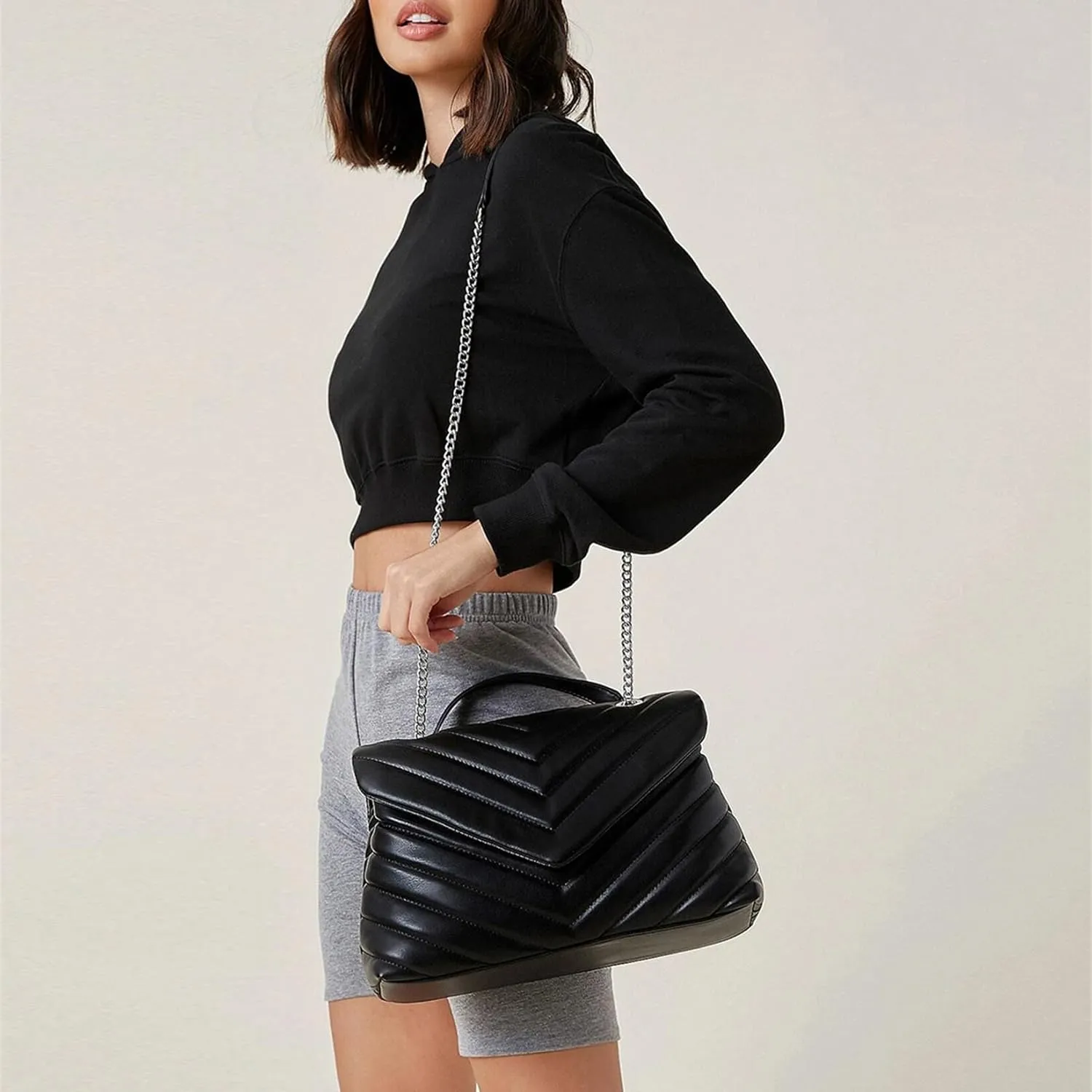 Quilted Crossbody Bag for Women, Soft Vegan Chevron Purses, Trendy Shoulder Handbags with Flap