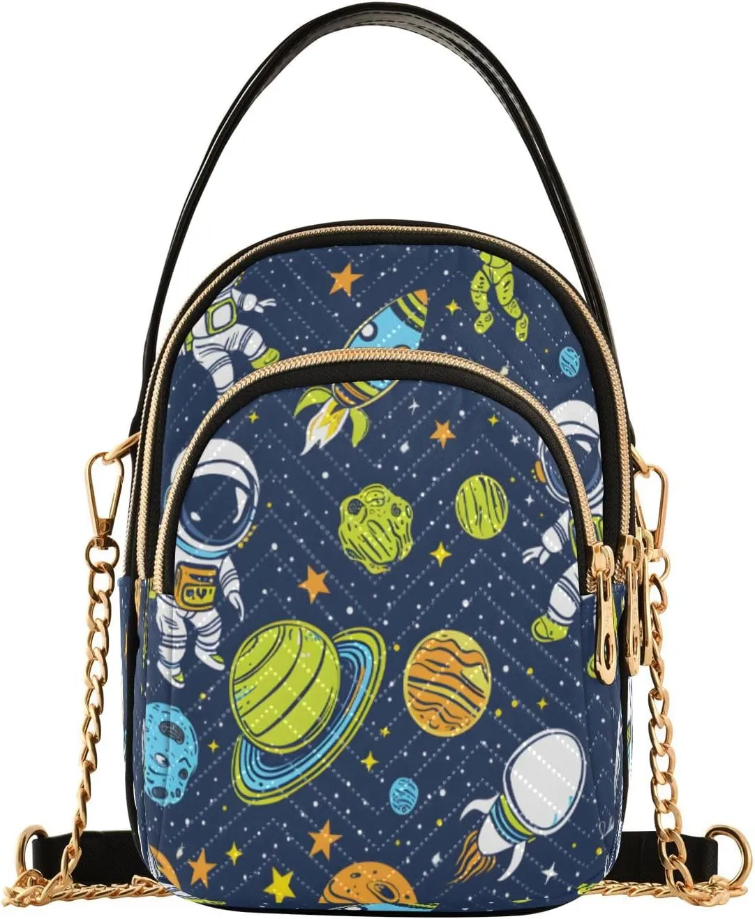 Quilted Crossbody Bags for Women,Astronauts and Alien in Space Cartoon Vector Illustration Women's Crossbody Handbags Small Travel Purses Phone Bag