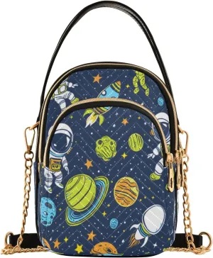 Quilted Crossbody Bags for Women,Astronauts and Alien in Space Cartoon Vector Illustration Women's Crossbody Handbags Small Travel Purses Phone Bag