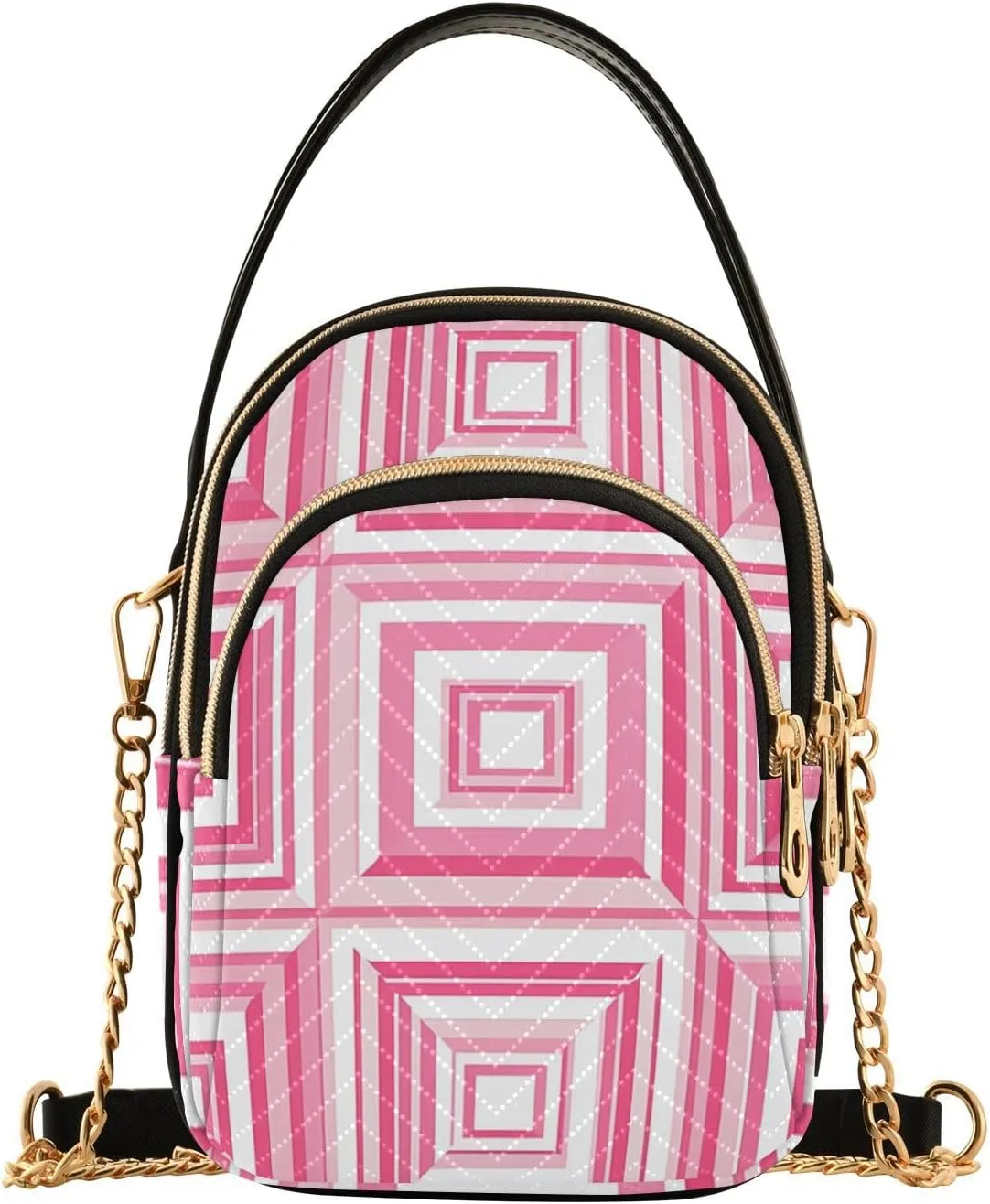 Quilted Tote Bag Pink Square Crossbody Shoulder Purse with Pockets, Everyday Handbags