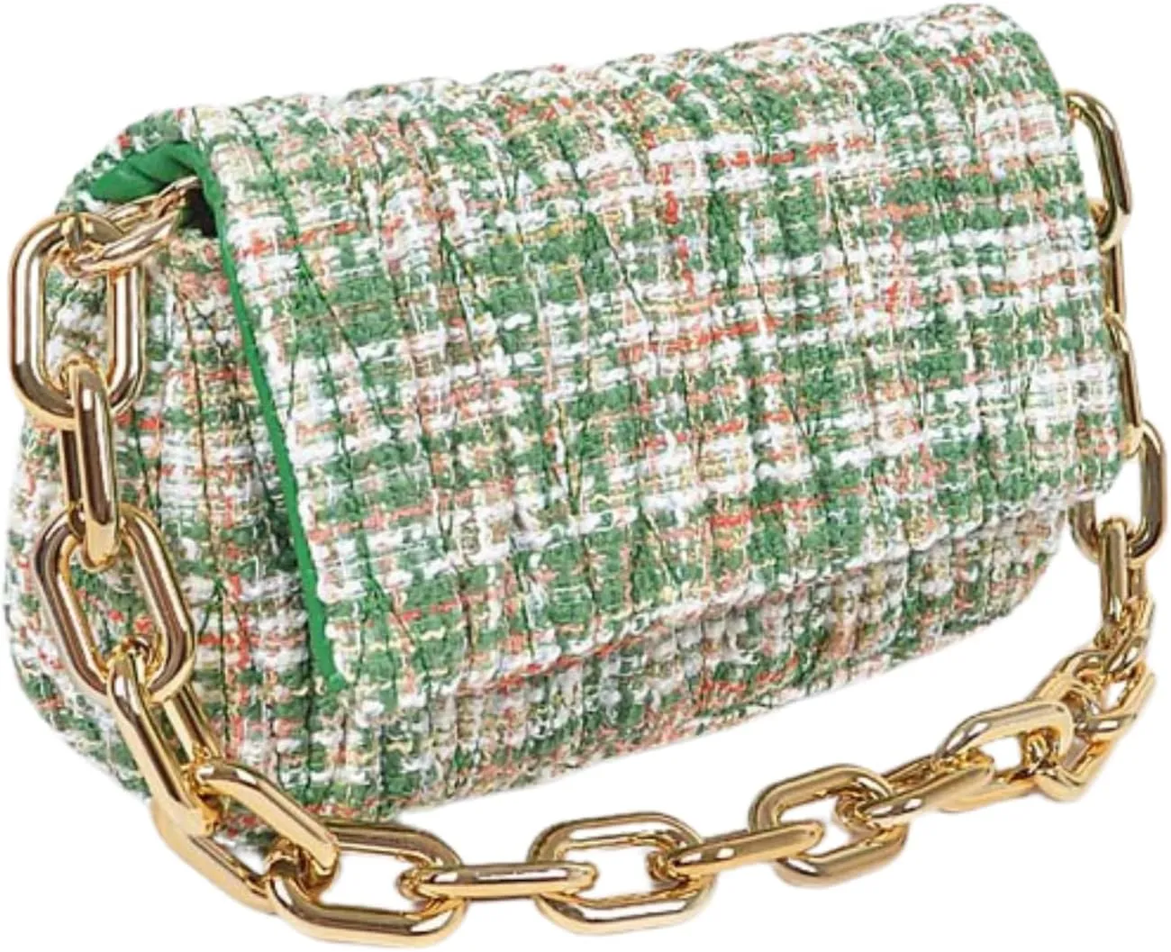 Quilted Tweed Chunky Chain Shoulder Bag Trendy Designer Crossbody Purse for Women, Elegant Evening Handbag with Gold Chain