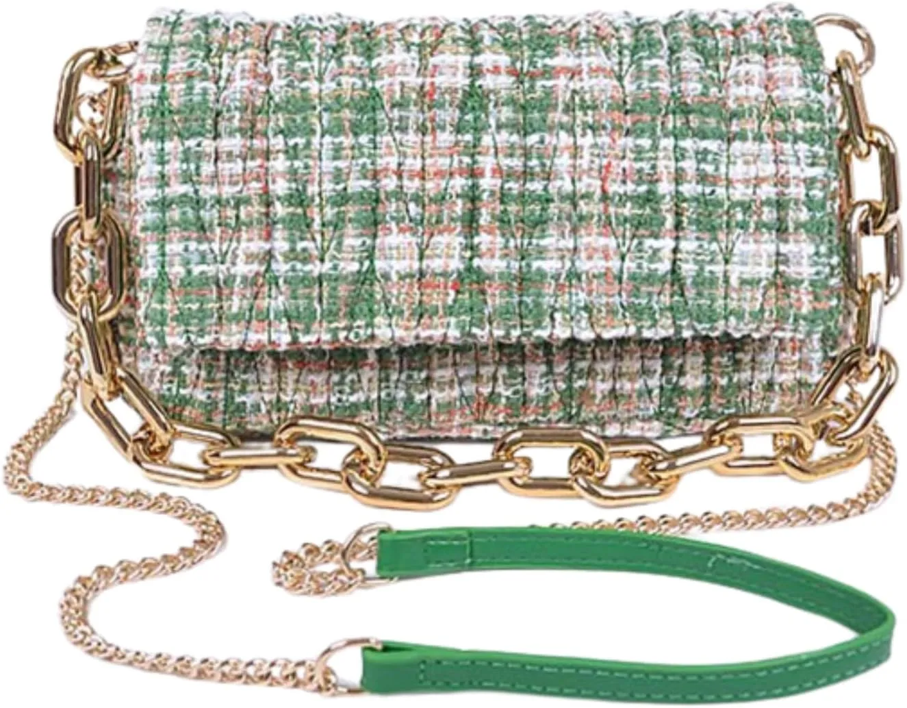 Quilted Tweed Chunky Chain Shoulder Bag Trendy Designer Crossbody Purse for Women, Elegant Evening Handbag with Gold Chain