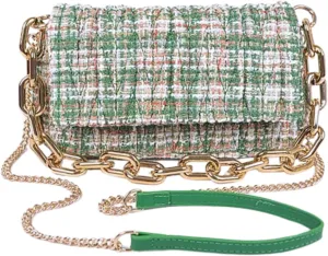 Quilted Tweed Chunky Chain Shoulder Bag Trendy Designer Crossbody Purse for Women, Elegant Evening Handbag with Gold Chain