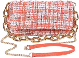 Quilted Tweed Chunky Chain Shoulder Bag Trendy Designer Crossbody Purse for Women, Elegant Evening Handbag with Gold Chain