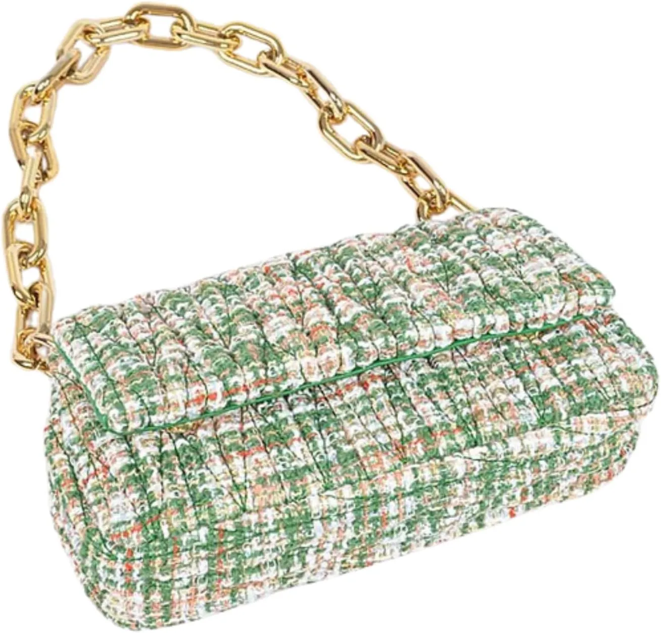 Quilted Tweed Chunky Chain Shoulder Bag Trendy Designer Crossbody Purse for Women, Elegant Evening Handbag with Gold Chain