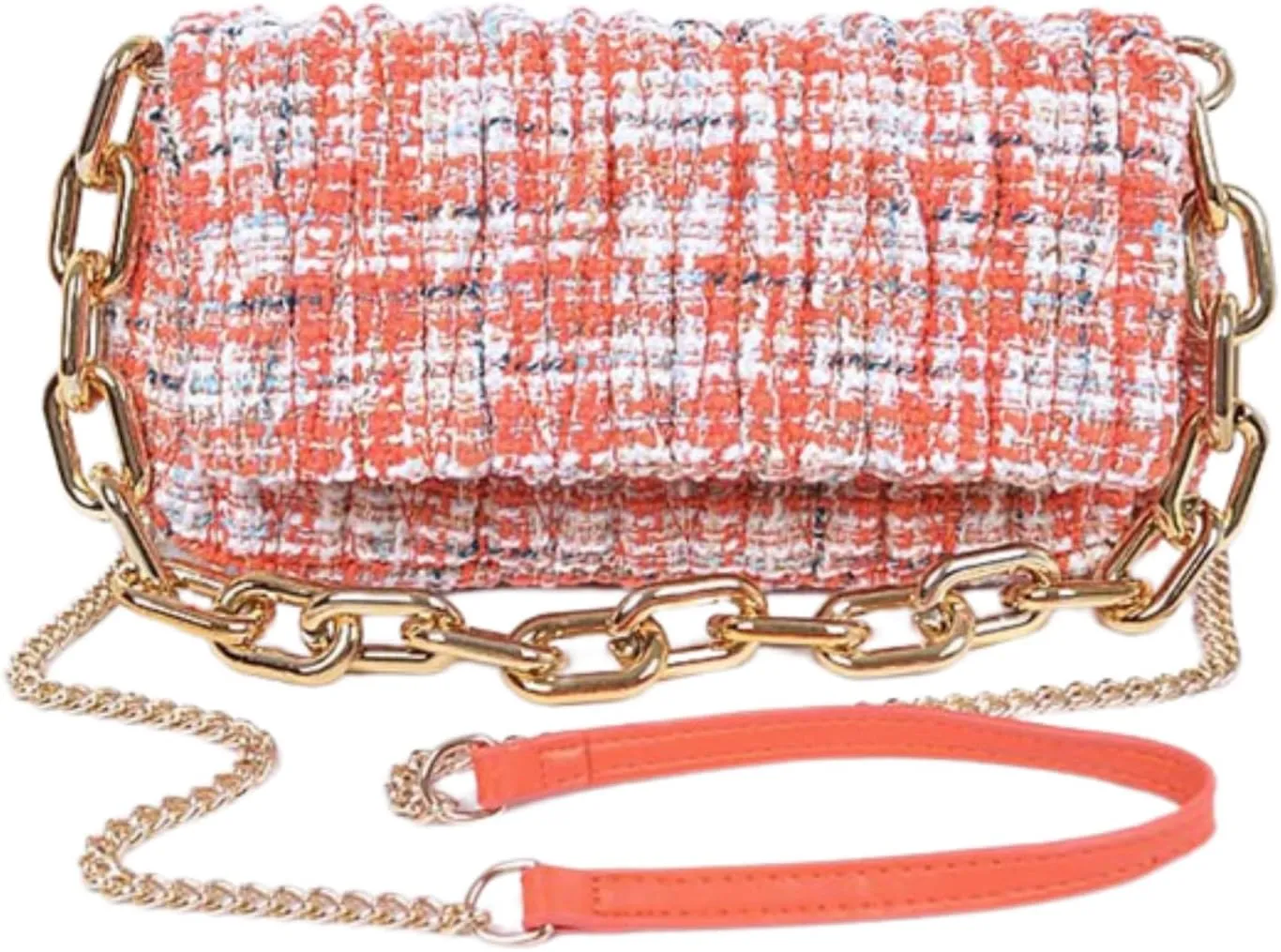 Quilted Tweed Chunky Chain Shoulder Bag Trendy Designer Crossbody Purse for Women, Elegant Evening Handbag with Gold Chain