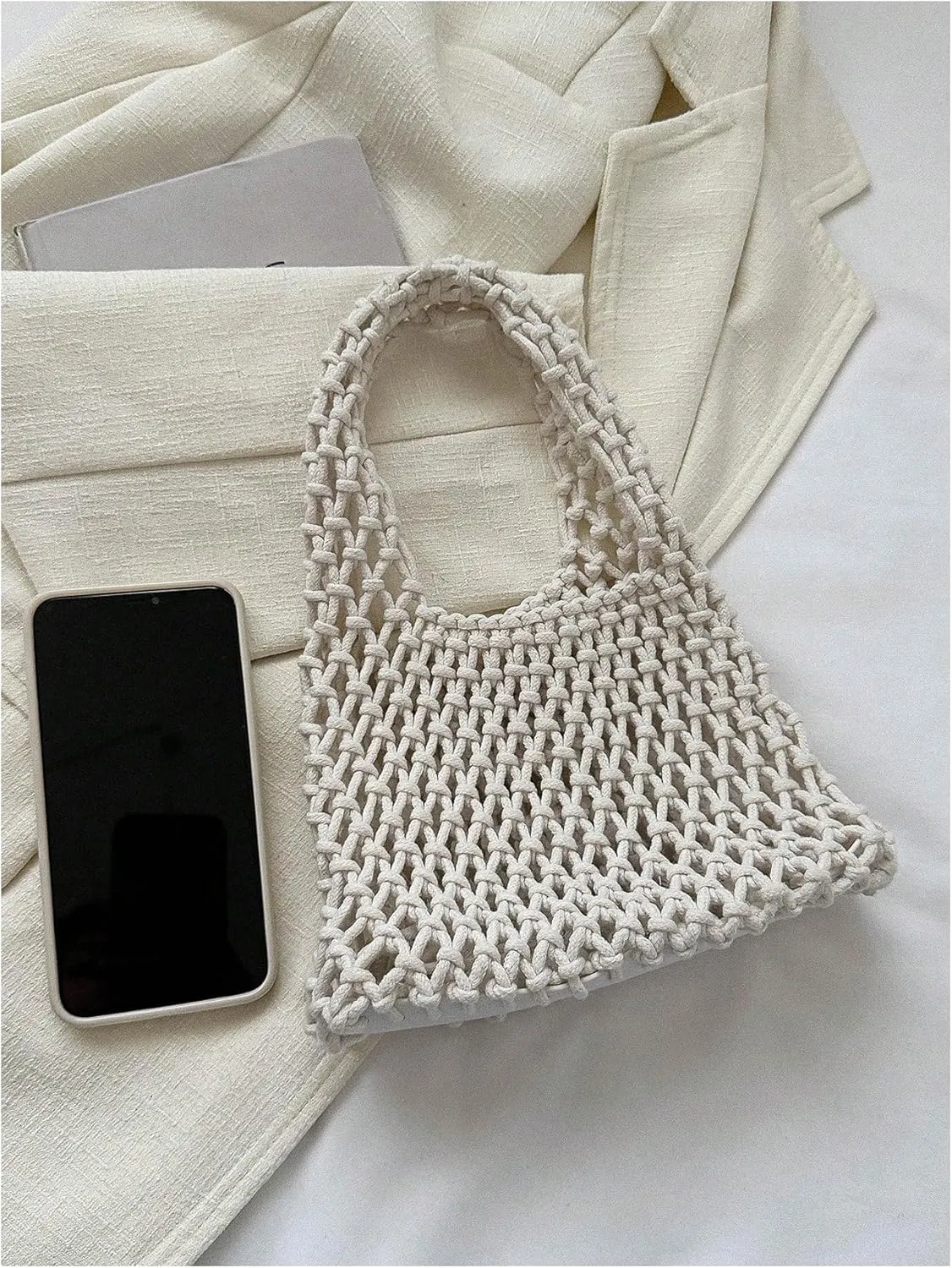 QWINEE Women's Crochet Clutch Purse Hollow Out Handbag Square Causal Beach Vacation Bag