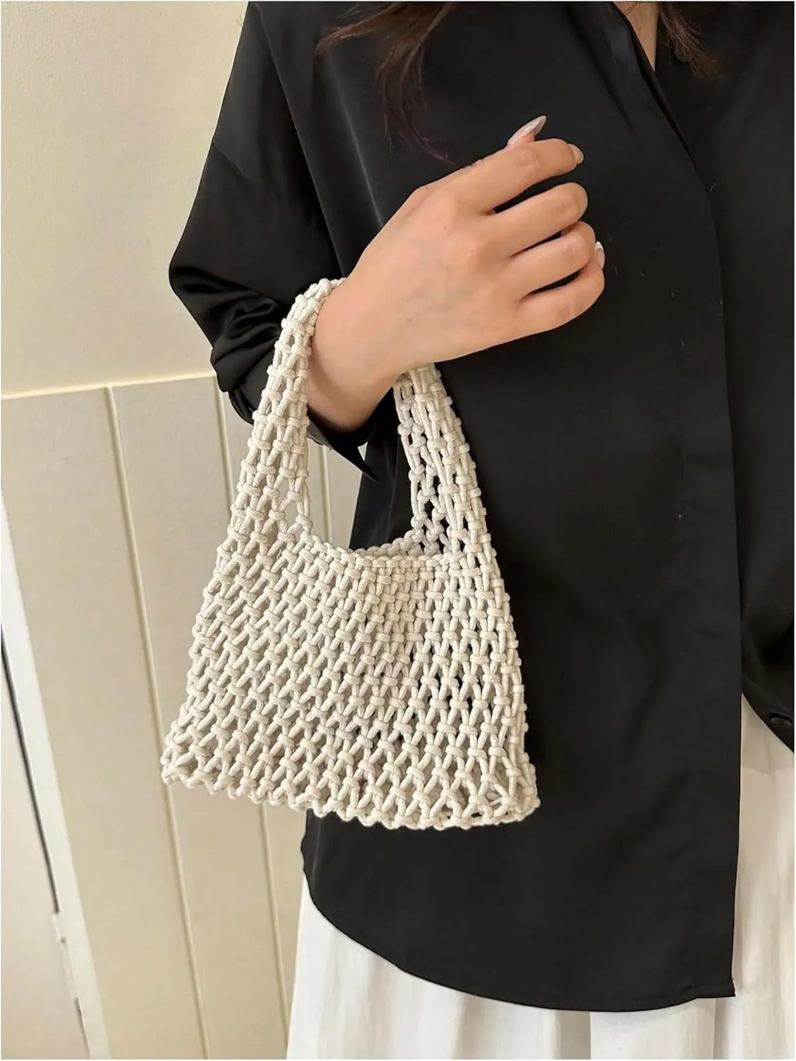 QWINEE Women's Crochet Clutch Purse Hollow Out Handbag Square Causal Beach Vacation Bag