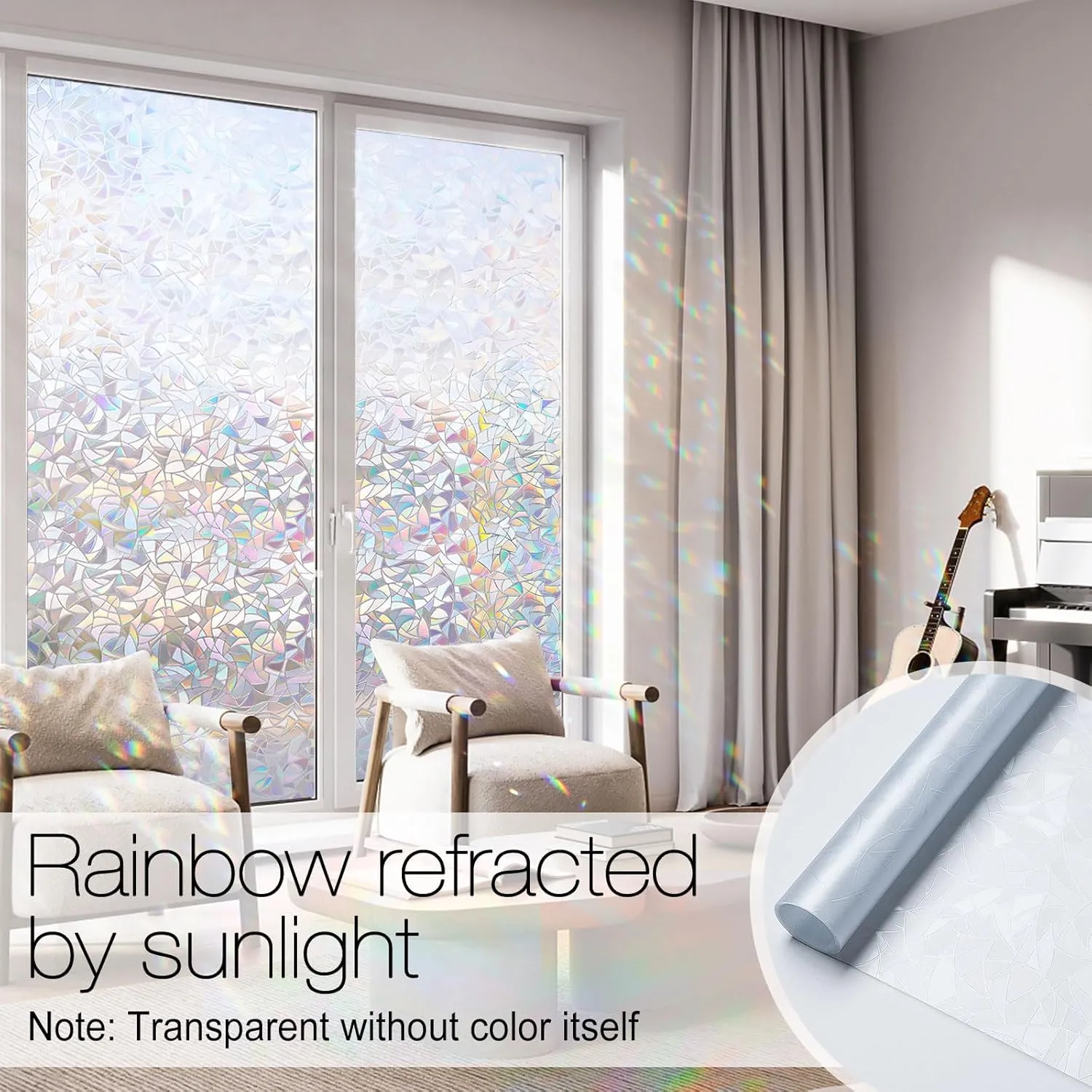 rabbitgoo Window Privacy Film Rainbow Film Decorative Window Sticker, 3D Static Stained Glass Cling Tint for Home Heat Control Non-Adhesive, 29.5 x 78.7 inches
